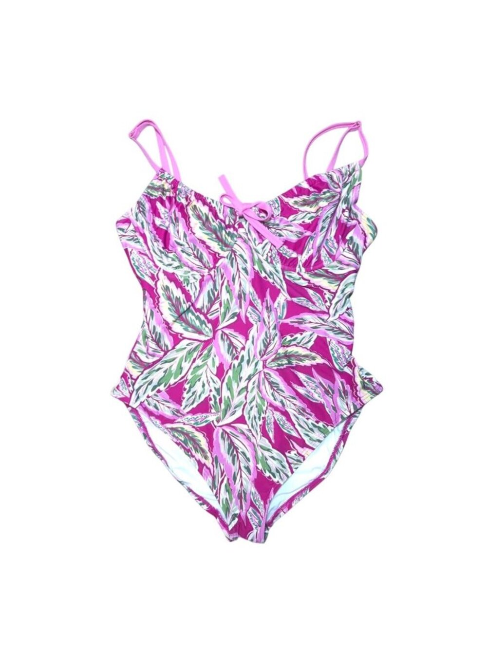 LOFT Beach Leaf Print One Piece Swimsuit L Adjustable Straps Pink Green